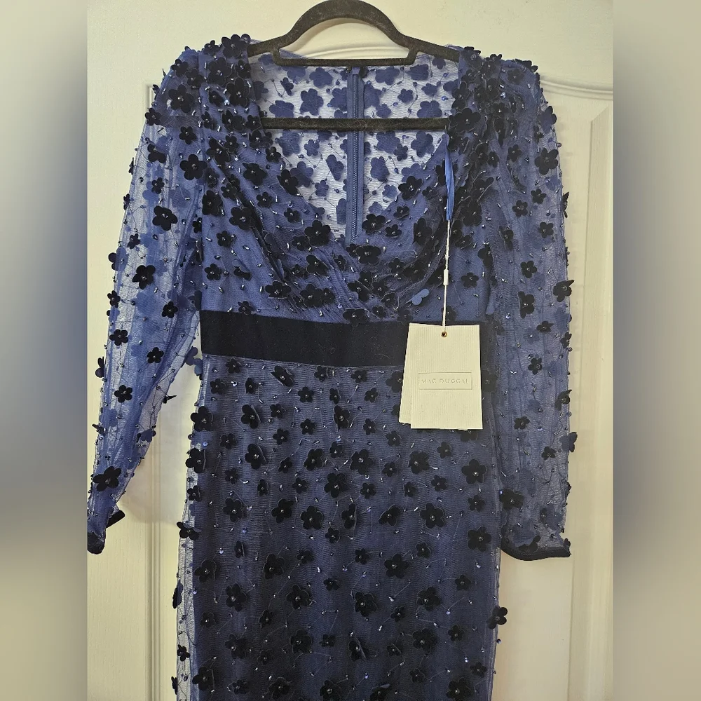 Mac Duggal Navy Embellished V Neck Illusion Long Sleeve Column Midi SZ 4 NWT - Picture 4 of 11